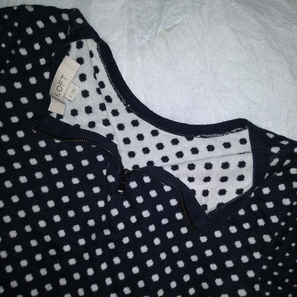 LOFT | Polka Dot Crewneck Back Zip  Sweater Size Small Navy & White - Picture 4 of 10